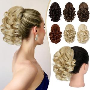 FELENDY 9" Short Ponytail Extension Curly Claw Clip Ponytail Hair Extensions Fluffy Wavy Clip in Pony Tails Hairpiece for Women Synthetic Light Blonde Mix Bleach Blonde