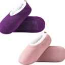 2 Pairs of Soft Sole Slipper Socks for Women with Grippers Non Slip, Winter Warm Cozy House Bedroom Slippers, Ladies Fuzzy Indoor Home Slippers (Purple,Pink,Grey) (7.5-9.5)