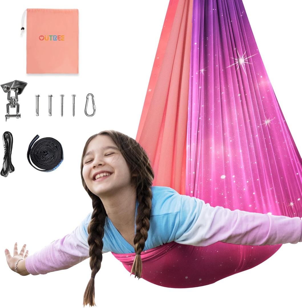 OUTREE Sensory Swing for Kids, Double Layer Therapy Hammock, Indoor Swing with 360 Swivel Hanger Kit and Adjustable Straps, Autism Sensory Product for Autism, ADHD or SPD (Pink Starry-Sky Printed)