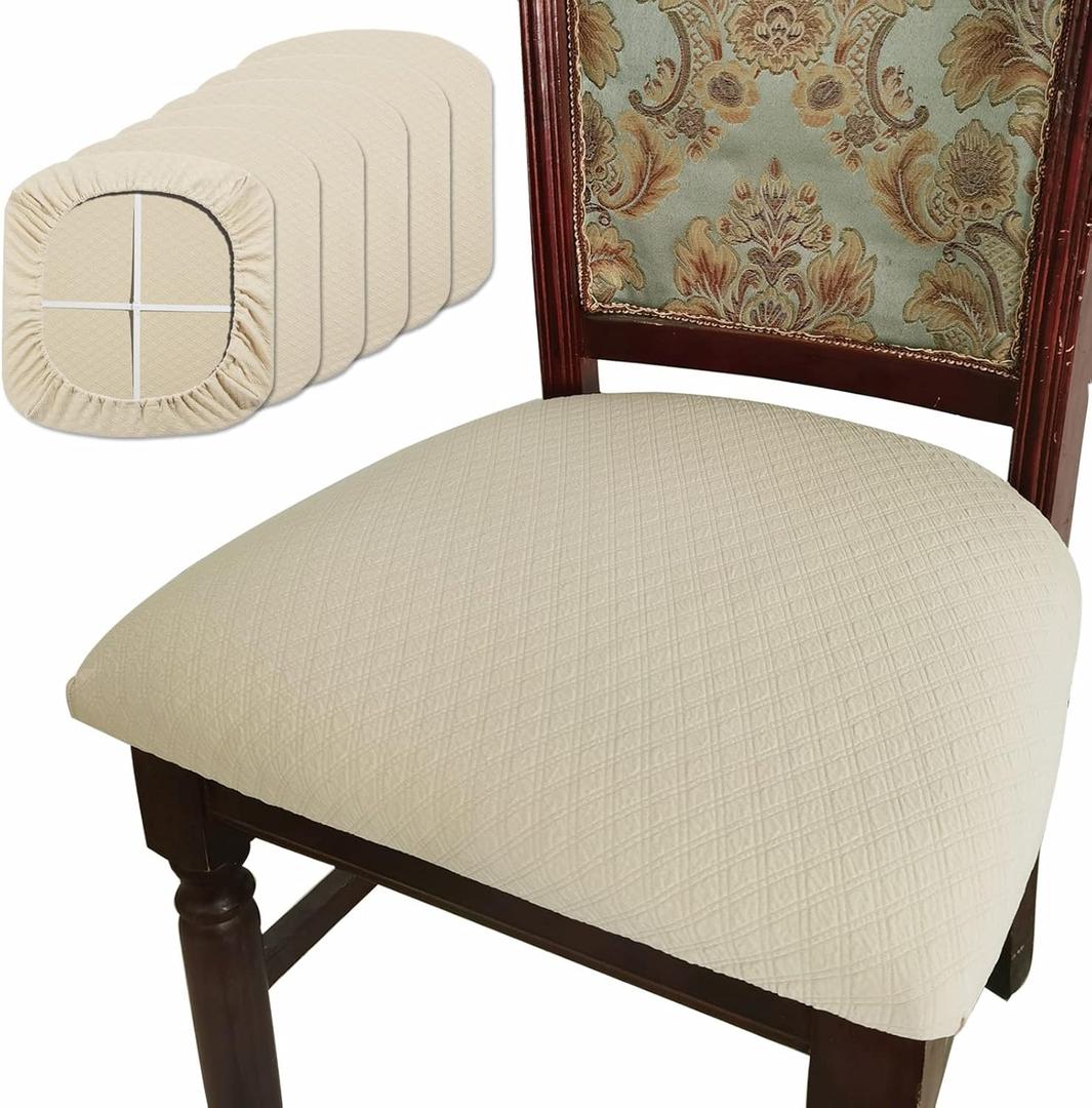 BUYUE Dining Room Chair Seat Covers Set of 6, TPU not Mixed, Friendly Jacquard Fabric Stretch Washable Slipcover for Kitchen Seat Cushions, Beige-6PCS