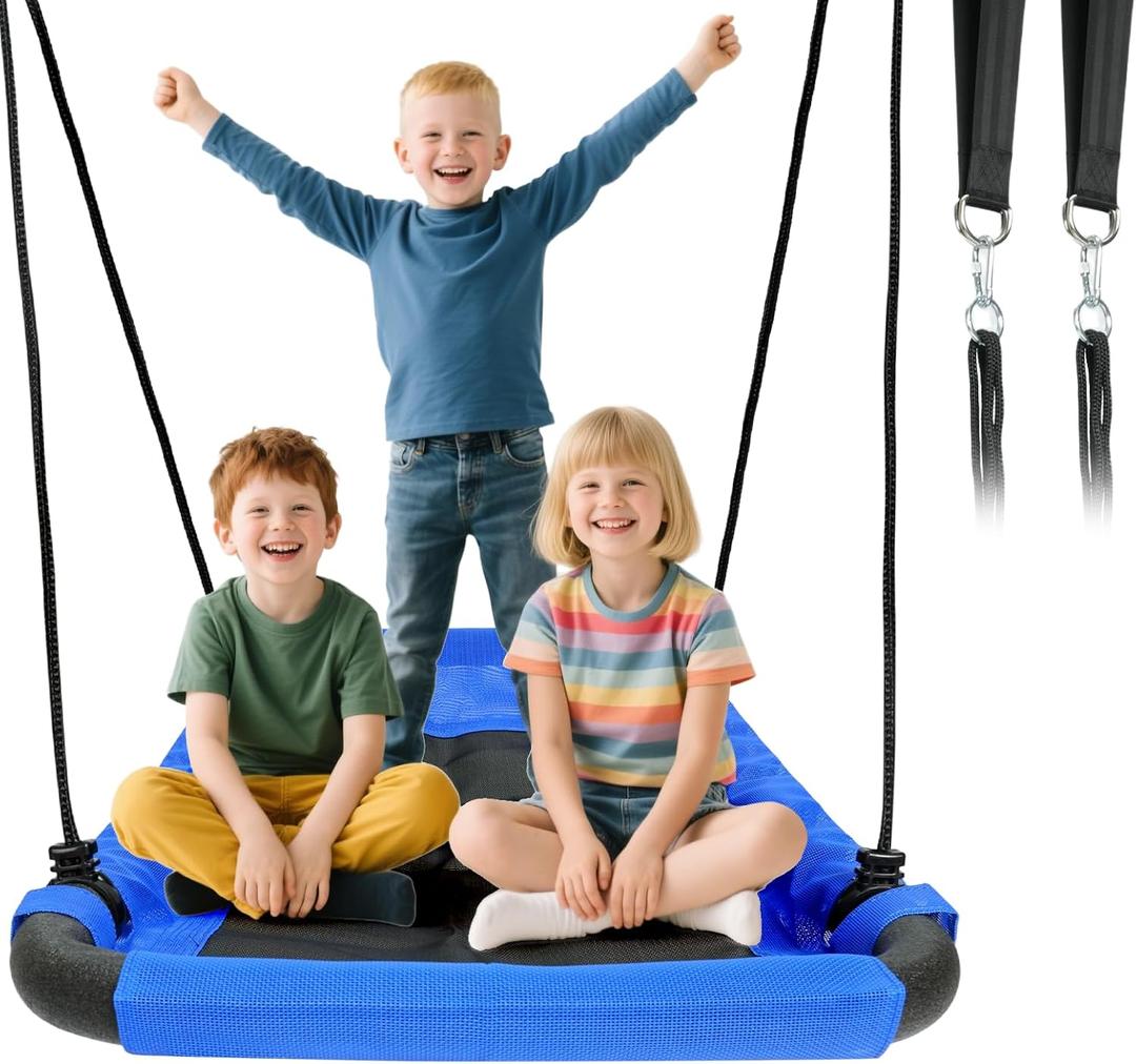 CYFIE 38" Rectangle Platform Tree Swing for Kids, Anti-Fade and Breathable Textile Fabric Outdoor Swing Sets for Backyard with Adjustable Ropes and 2 Hanging Straps, Outdoor & Indoor Use