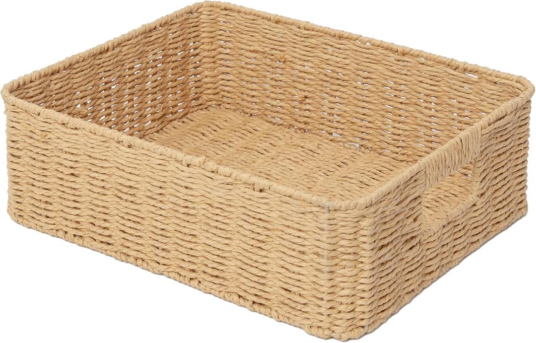 2 x Rectangular Woven Paper Rope Storage Baskets for Shelves(Desert)