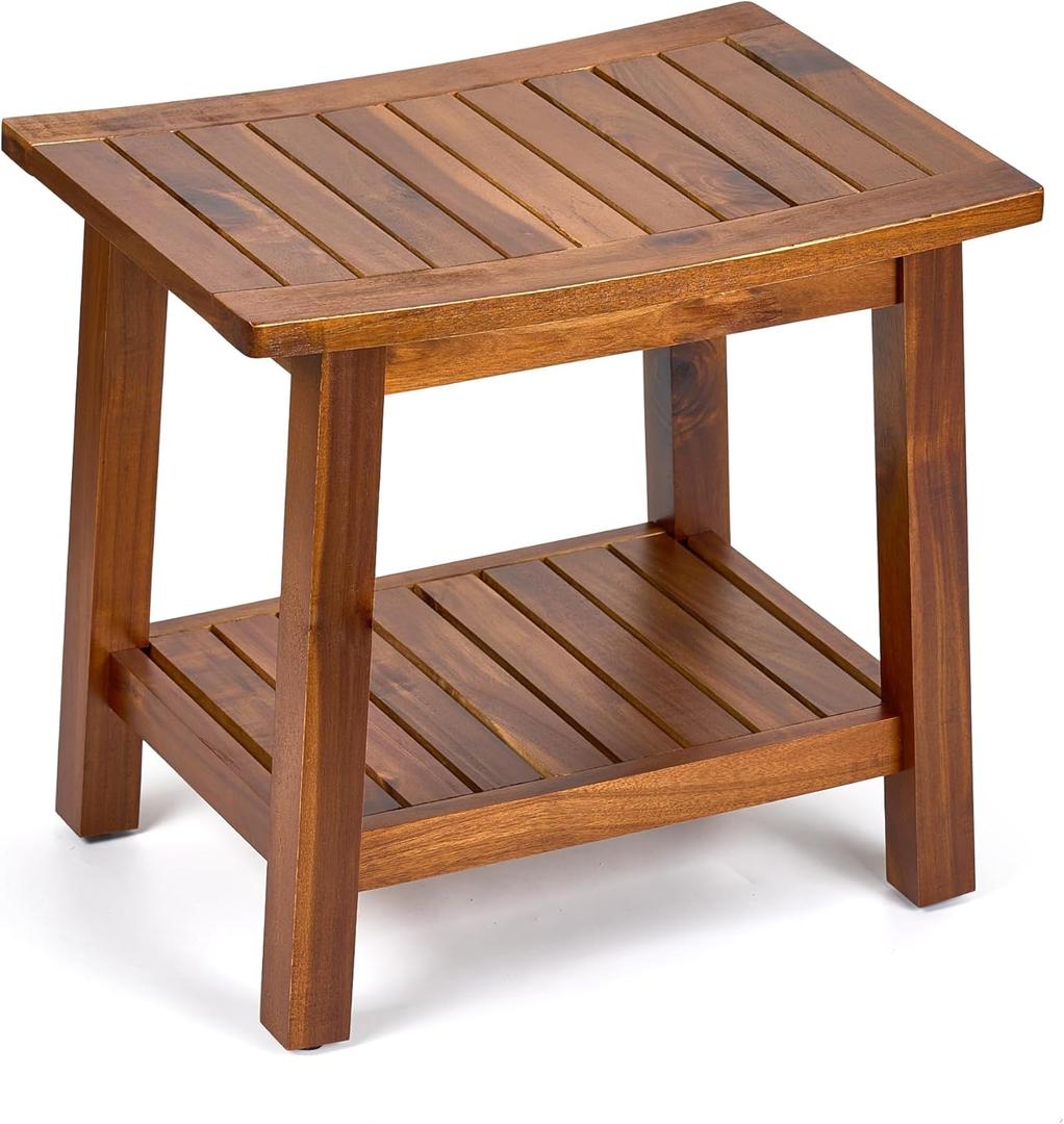 Upolana Outdoor Shower Bench, 20" Solid Acacia Wood Shower Stool Waterproof Shower Seat with Storage Shelf for Bathroom - SB001