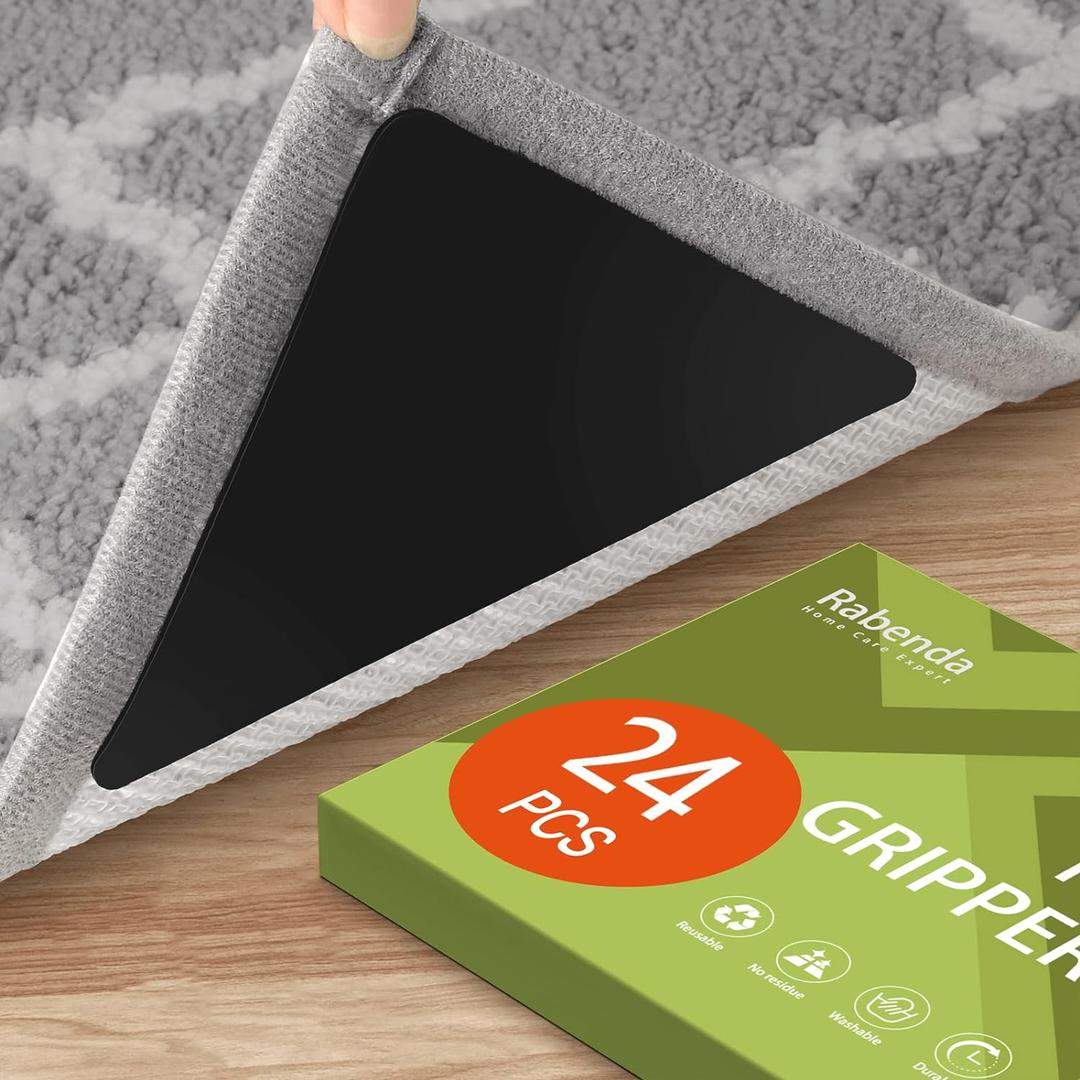 Rabenda 24 Pcs Grippers for Rugs, Non Slip Rug Pads for Hardwood Floors and Tiles, Reusable Rug Tape for Area Rugs, Dual Sided Adhesive Rug Pad Gripper Keep Corners Flat,(Black)