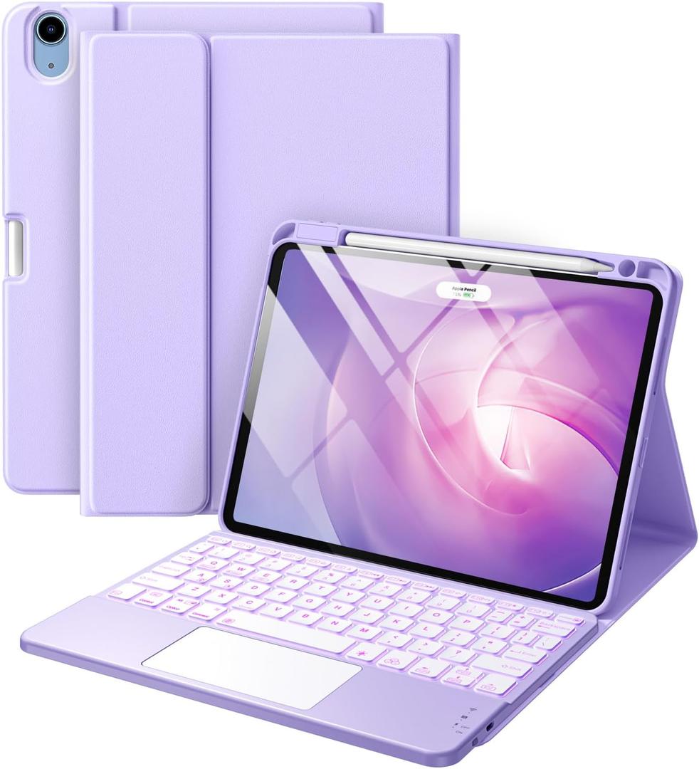 Harvopu Compatible with iPad Air 11 Inch & Air 5th/Air 4th Generation Case with Keyboard - Multi-Touch Trackpad, 7-Color Backlit, Detachable Folio Cover for Air 11-inch M3/M2 (2025/2024), Light Purple