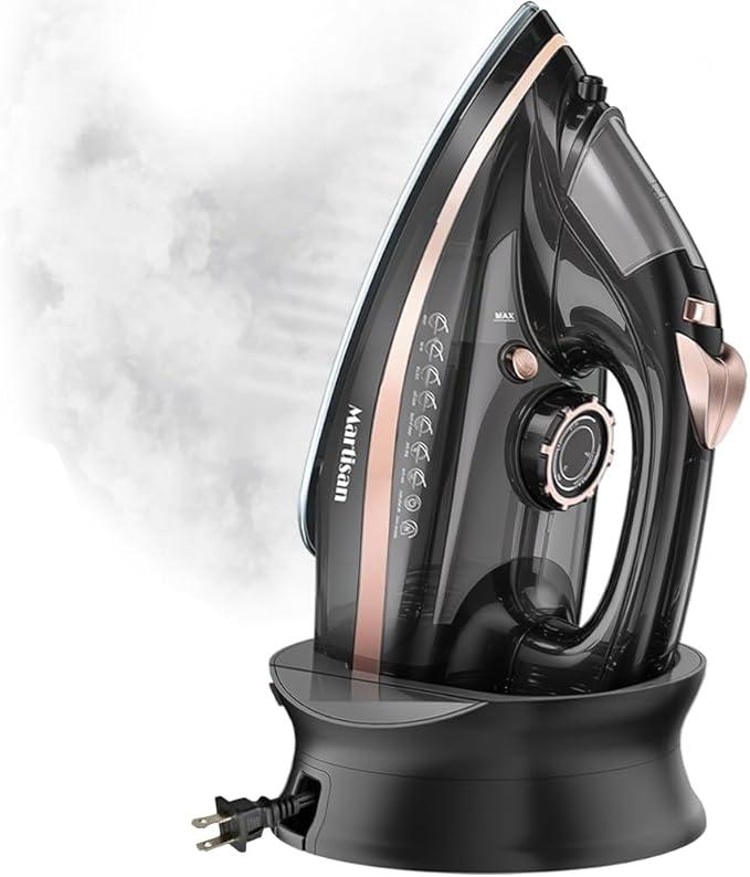 Martisan Cordless Iron for Clothes, 1500W, Wireless, Rapid Heating, Retractable Cord, Power Charging Base, Ceramic Soleplate, Anticalc, Antidrip, Self Clean