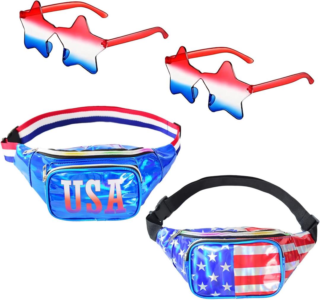 2 Set Holographic USA Flag Fanny Packs & Star Sunglasses, 4th of July Patriotic Belt Waist Bag, American Independence Day Accessories Men Women