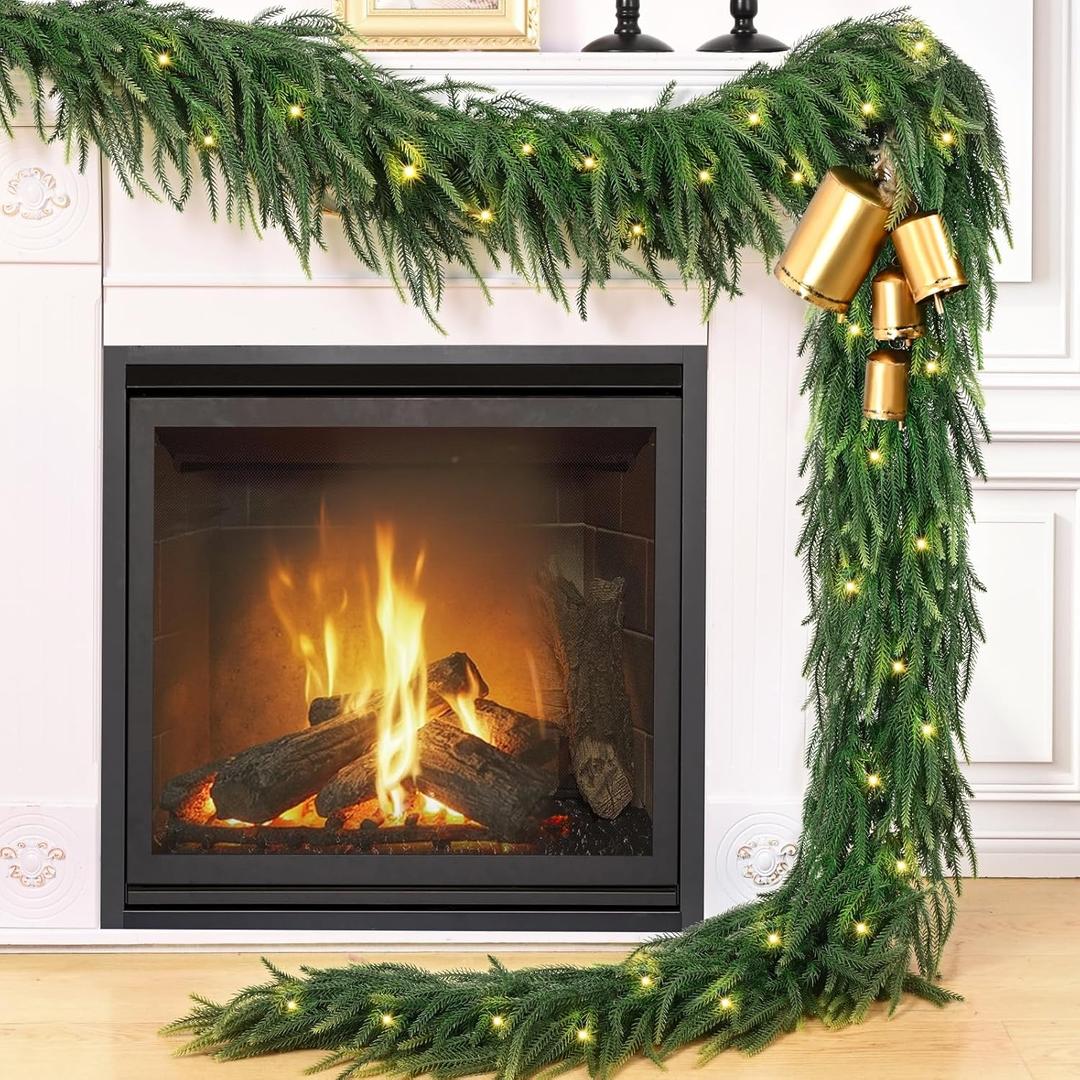 Artificial Norfolk Pine Garland, 6 FT Real Touch Cedar Garland Realistic, Faux Greenery Christmas Garland with Lights for Mantle Table Indoor Outdoor Stairs Railing Christmas Decorations (1 Pack)