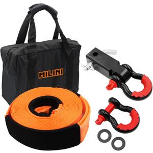 Offroad Recovery Strap Kit, 3" x 30ft Tow Strap+ Shackle Hitch Receiver 2 inch 42000 Lbs+D Ring Shackles+Bag, 4x4 Winching Accessories