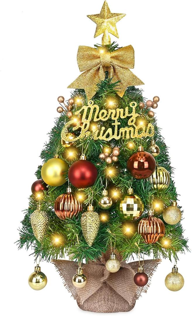 Dolicer 2FT Mini Christmas Tree with Lights, Artificial Small Christmas Tree Tabletop Xmas Tree with Lights Gold Hanging Ornaments for Small Space