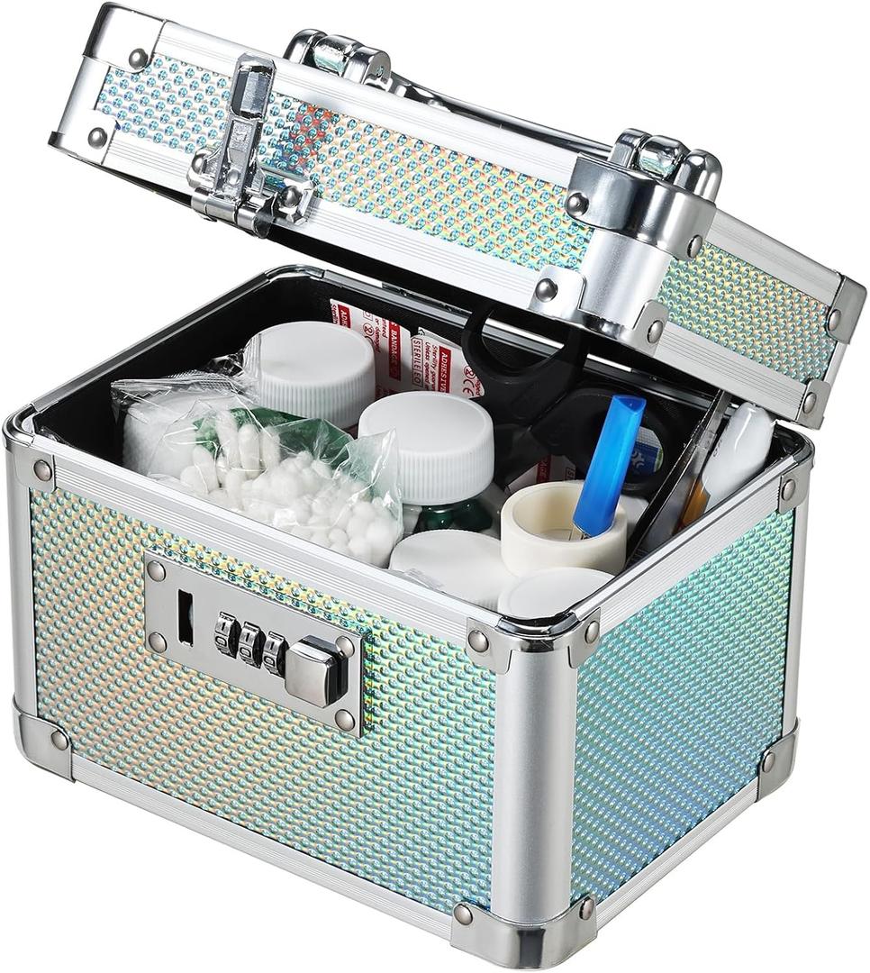 Lockable Medicine Storage Box - Shiny Turquoise Cabinet Med Lock Organizer, 7 * 5.25 * 5.75 Inches Safe Case with Combination Lock for Home, Dorm, Office, or Travel - Mini Size
