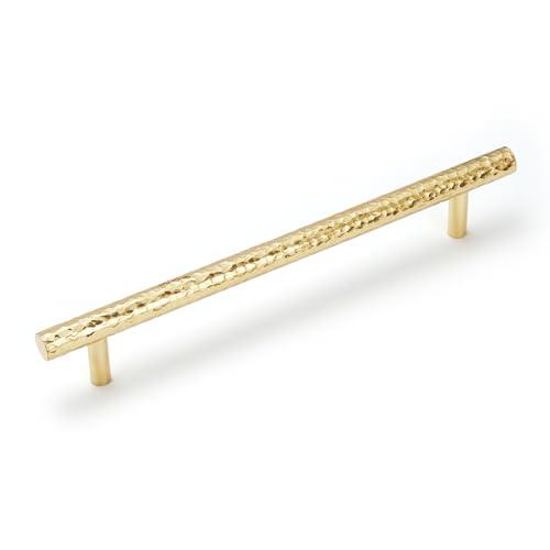 KOPPALIVE 4-Pack Solid Brass Kitchen Cabinet Pulls, Gold Modern T-Bar Handles, 6-5/16-Inch Hole Center Hammered Handles for Dresser Drawer Cupboard, 8-1/8 Inch Total Length, Polished Finish