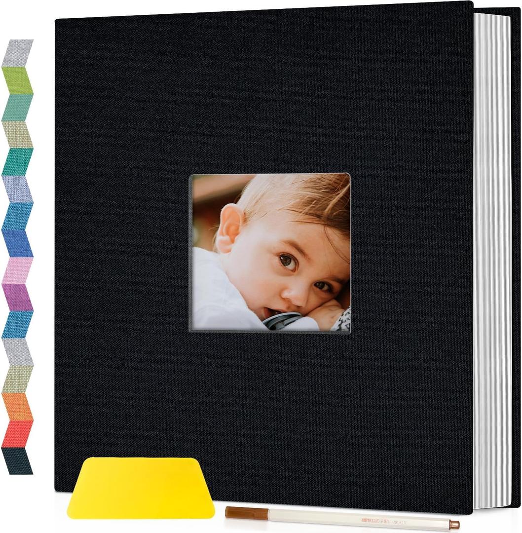 Popotop Photo Album Self Adhesive with Picture Display Window,40 Pages DIY Scrapbooking Supplies Kit for 4x6 8x10 Picture,Linen Cover Memory Book for Baby Wedding, with Scraper and Metallic Pen (Black)