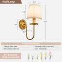 Gold Vintage Mid-Century Hardwired Wall Sconces, Set of 2 | Farmhouse Modern Vanity Light White Fabric Shade Wall Mount Lighting Fixture for Bedside, Bedroom, Living Room