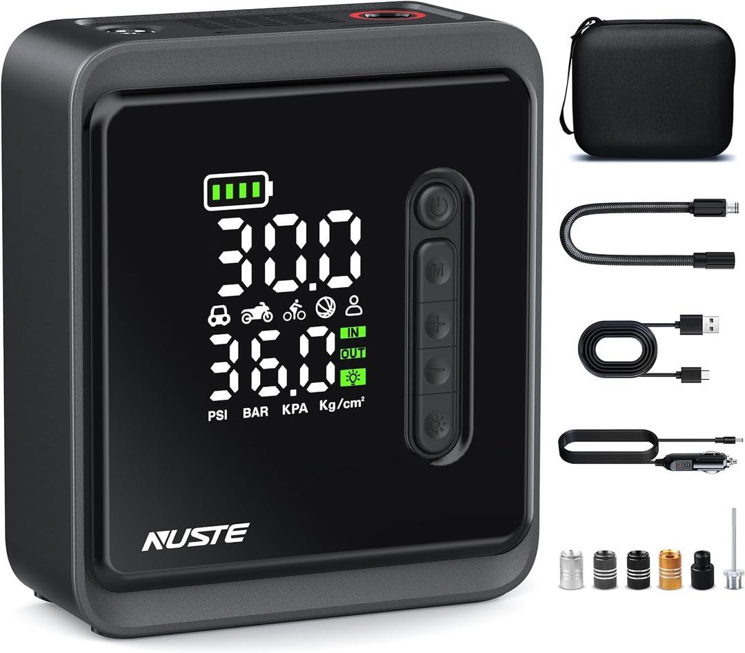 Tire Inflator Portable Air Compressor, Cordless Air Pump for Car Tires, Electric Tire Pump with Pressure Gauge LCD Dual Screen for Car Motor Bike Ball