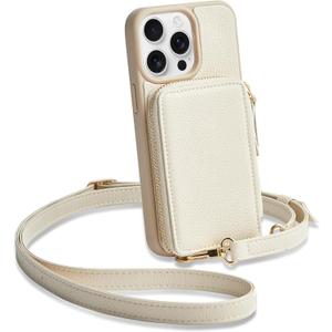 ZVE for iPhone 15 Pro Max Wallet Case, Crossbody Card Holder Phone Purse for Women, RFID Blocking Zipper Leather Cover with Wrist Strap for iPhone 15 Pro Max (6.7 inch)- Beige