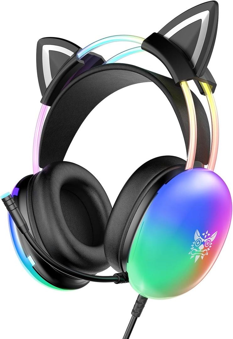 Cat Ear Gaming Headset with Mic, RGB Rainbow Lighting, Surround Sound, 3.5mm Wired Over-Ear Headphones for PC/PS4/PS5/Switch/Laptop, Lightweight & Adjustable Headband