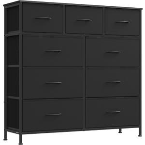 SONGMICS Dresser for Bedroom, Chest of Drawers, Steel, MDF, 9 Non-Woven Fabric Drawers, Storage Organizer Unit, Closet, Entryway, Ink Black and Ebony Black ULGS324B01S