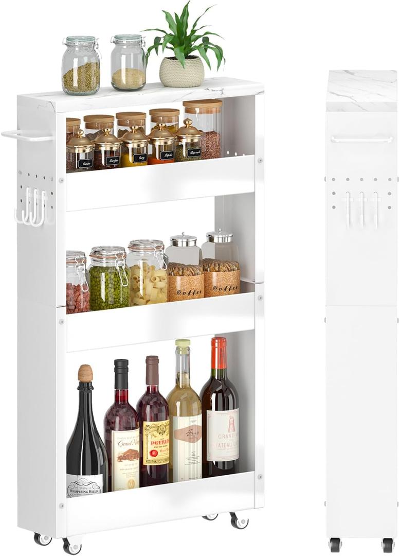 XYZLVSI Slim Storage Cart, 5 in Width, 4-Tier White Rolling Cart with Handle & Wooden Top for Kitchen Bathroom Laundry Narrow Places