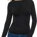 Women's Boat Neck Long Sleeve Shirts Merino Wool Blend Tops Fitted Basic Tee Cozy Embrace Collection (Medium, Jet Black)