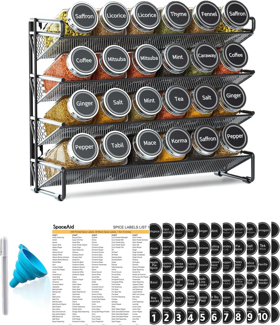 SpaceAid Spice Rack Organizer with 24 Spice Jars, 386 Spice Labels, Chalk Marker and Funnel Set for Cabinet, Countertop, Pantry, Cupboard or Door & Wall Mount -24 Jars, 11.8" W 10.8" H, Black