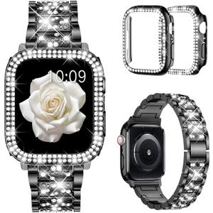 Mosonio Compatible with Apple Watch Band 38mm 40mm 41mm 42mm 44mm 45mm 46mm 49mm with 2 Pack Case Women, Jewelry Replacement Metal Bands Strap with Bling PC Protective Case for iWatch Ultra SE Series 11/10/9/8/7/6/5/4/3/2/1 (Sizes Vary By Mode)