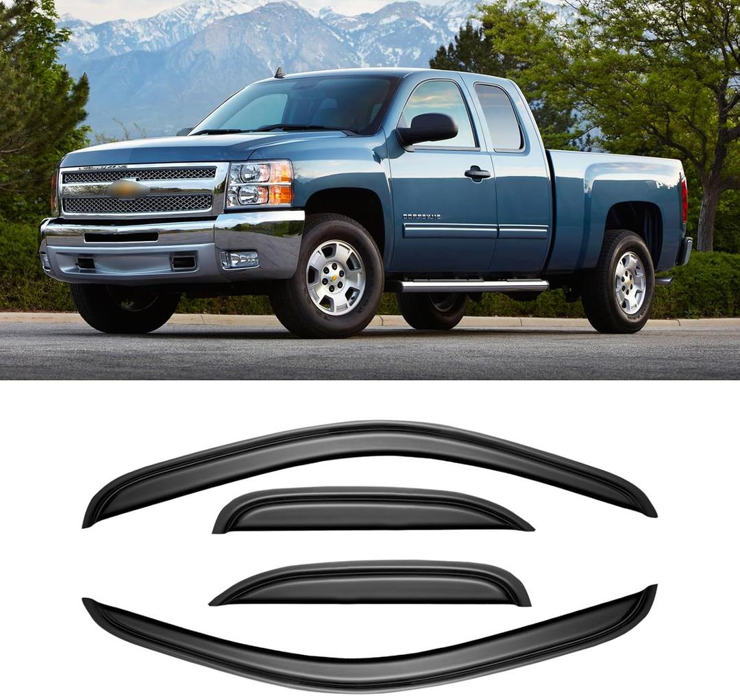Window Rain Guards for 2007-2013 Chevy Silverado & GMC Sierra 1500 for Extended Cab, Window Visor Vent Wind Shade Deflector Shield Protector Sun for 07-14 Silverado & Sierra 2500 HD/ 3500 HD, Tape-on