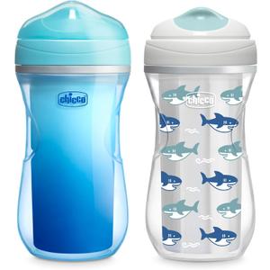 Chicco Insulated Sippy Cup 12+ Months, 9oz Toddler Training Cup with Bite-Resistant No-Spill Rim Spout, Double-Wall, BPA-Free, 2-Pack, Blue/Sharks