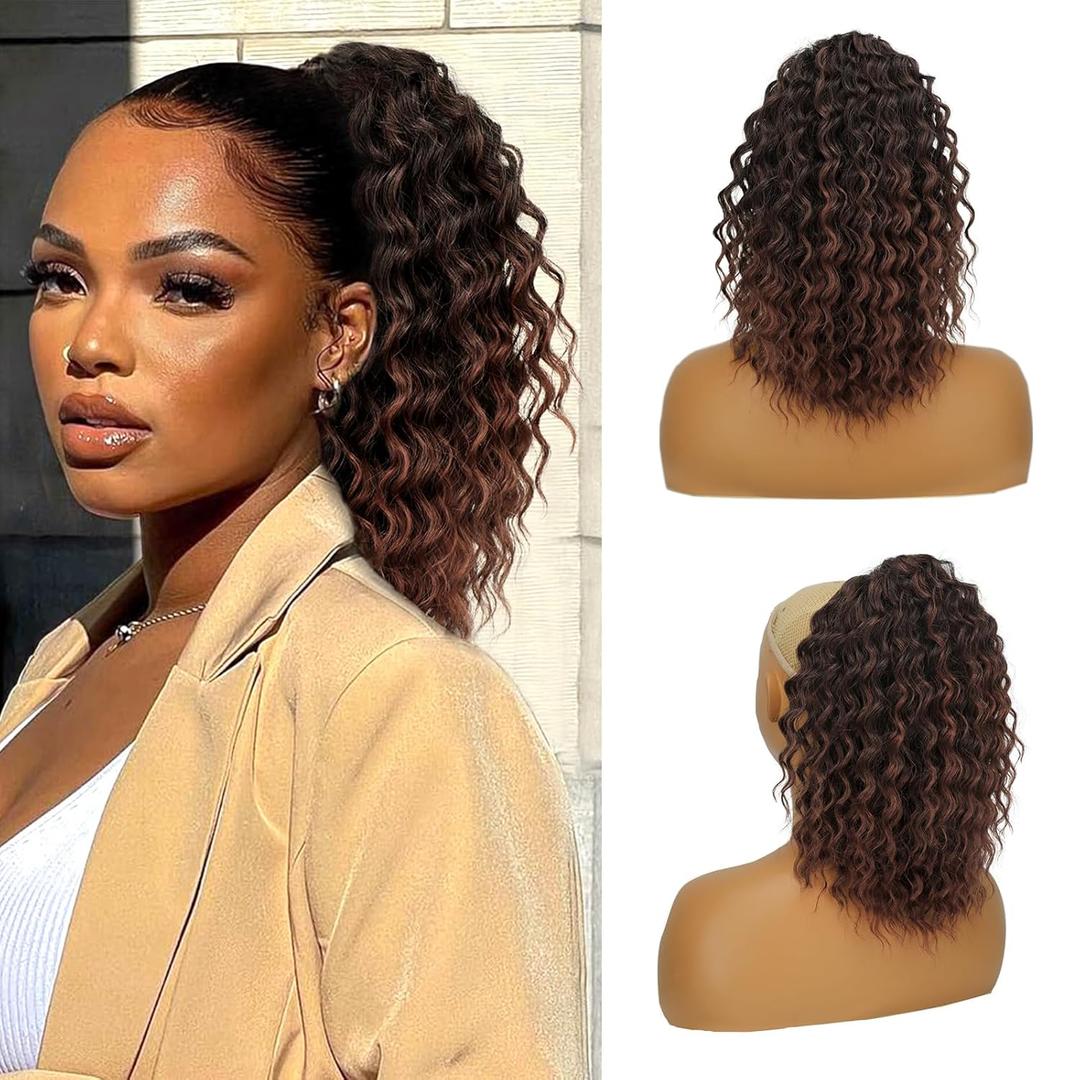 Isaic Ponytail Extension 12 Inch Long Wavy Curly Ponytails Drawstring Ponytail for Black Women Ombre Deep Orange Pony Tails Hair Extensions Synthetic Hairpiece for Daily Use