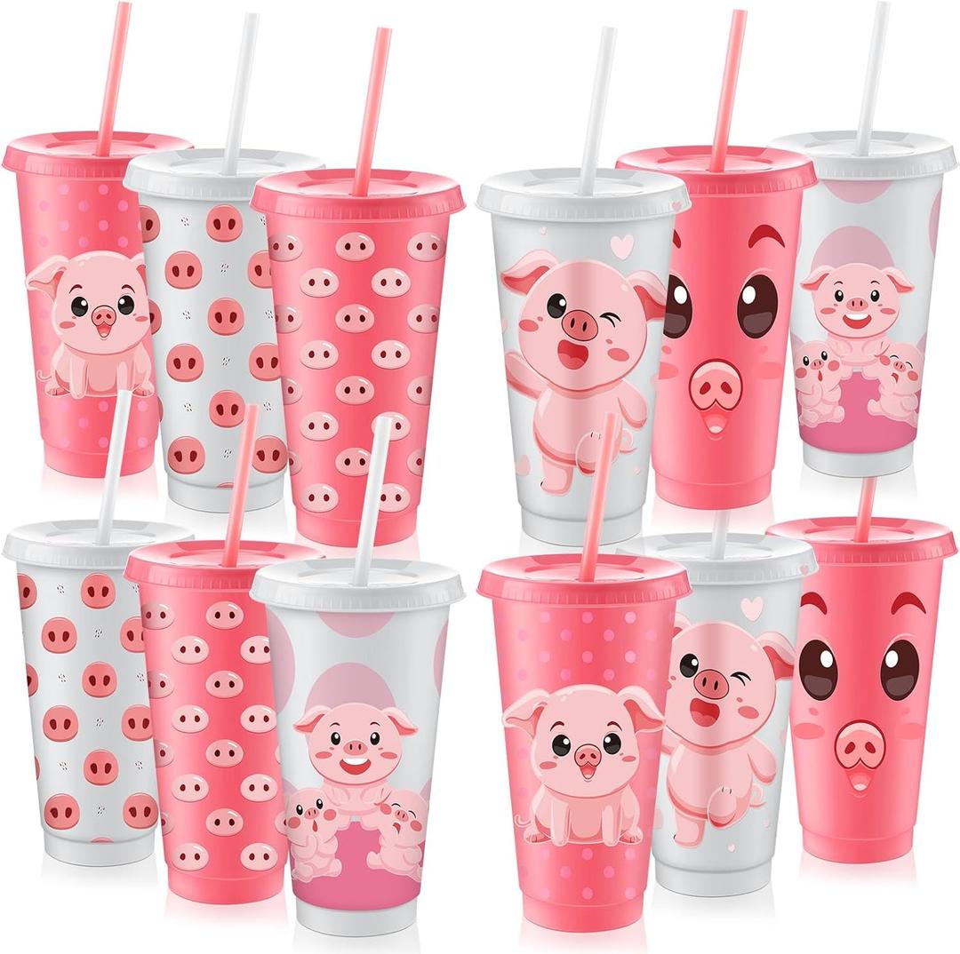 Nezyo 12 Pcs Pig Party Favors Pig Party Cups Bulk Birthday Decorations Farm Animal Supplies 24 oz Reusable Plastic Travel Tumblers with Straws and Lids White Pink Tumbler for Farm Birthday Gifts
