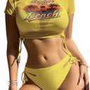 Sexybody Women's 3 Piece Swimsuit Halter String Bikini Tie Side Mesh Short Sleeve Bathing Suits L