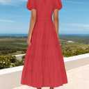 ZESICA Womens Summer Casual Ruched Ruffle Tiered Maxi Dress | Puff Short Sleeve, V Neck, Flowy Dress, Boho Beach Vacation Dress (Red, S)