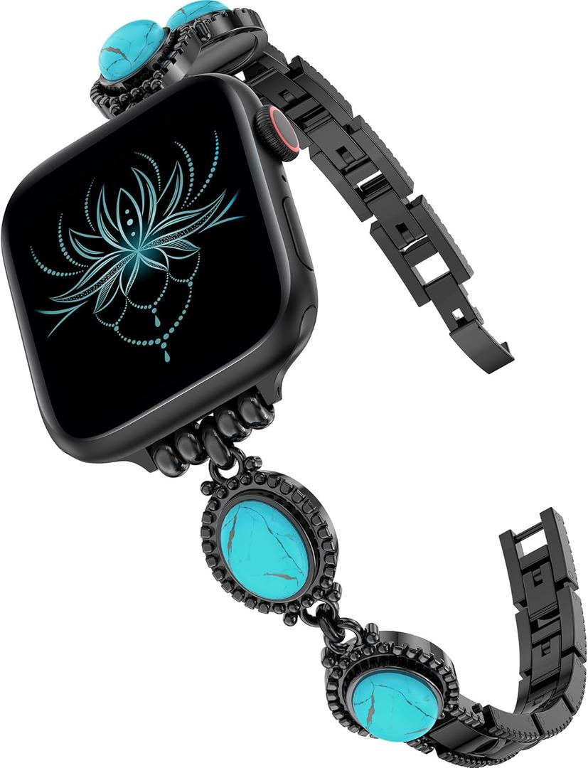 Moolia Turquoise Stone Bracelet Compatible with Apple Watch Band 42/41/40/38/46/45/44/49mm Women Metal Handmade Adjustable Replacement for iWatch Series 11 10 9 8 7 6 5 4 3 2 1 SE/Ultra1/2/3