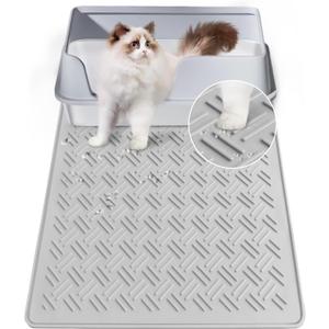 Cat Litter Mat, Cat Litter Trapping Mat, Non-Slip, Waterproof Silicone Cat Litter Box Mat, Scatter Control, Machine Washable, 23x18 (Grey)