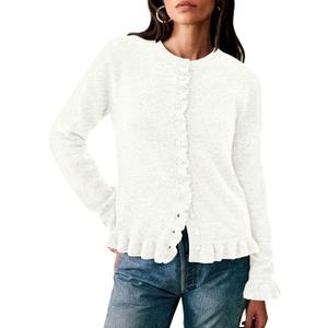 PRETTYGARDEN Womens Fall Button Down Cardigans Chunky Knit Ruffle Open Front Cropped Cardigan Sweaters Soft Long Sleeve Tops (XX-Large, White)