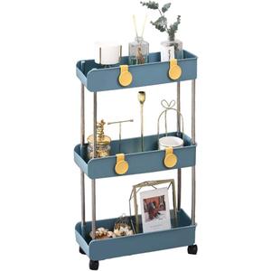 Melody House 3-Tier Slim Mobile Shelving Unit on Wheels, Slide Out Rolling Bathroom Storage Organizer, Utility Carts Shelf Rack for Kitchen Bathroom Laundry Room Narrow Places, Navy Blue