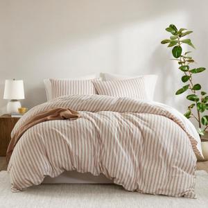 Madison Park Duvet Cover Set for Hot Sleepers - Linen Cotton Rayon Blend, King Size 3 Piece Set with Shams - Lightweight & Breathable Bedding, Terracotta Striped Design