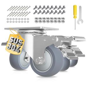 2 Inch Heavy Duty Stainless Steel Caster Wheels with Brake, 304 Swivel Casters Set of 4, 1000 lbs Load, Quiet Non-Marking TPR Wheels for Furniture, Kitchen, Labs, Industrial, Hardware Included