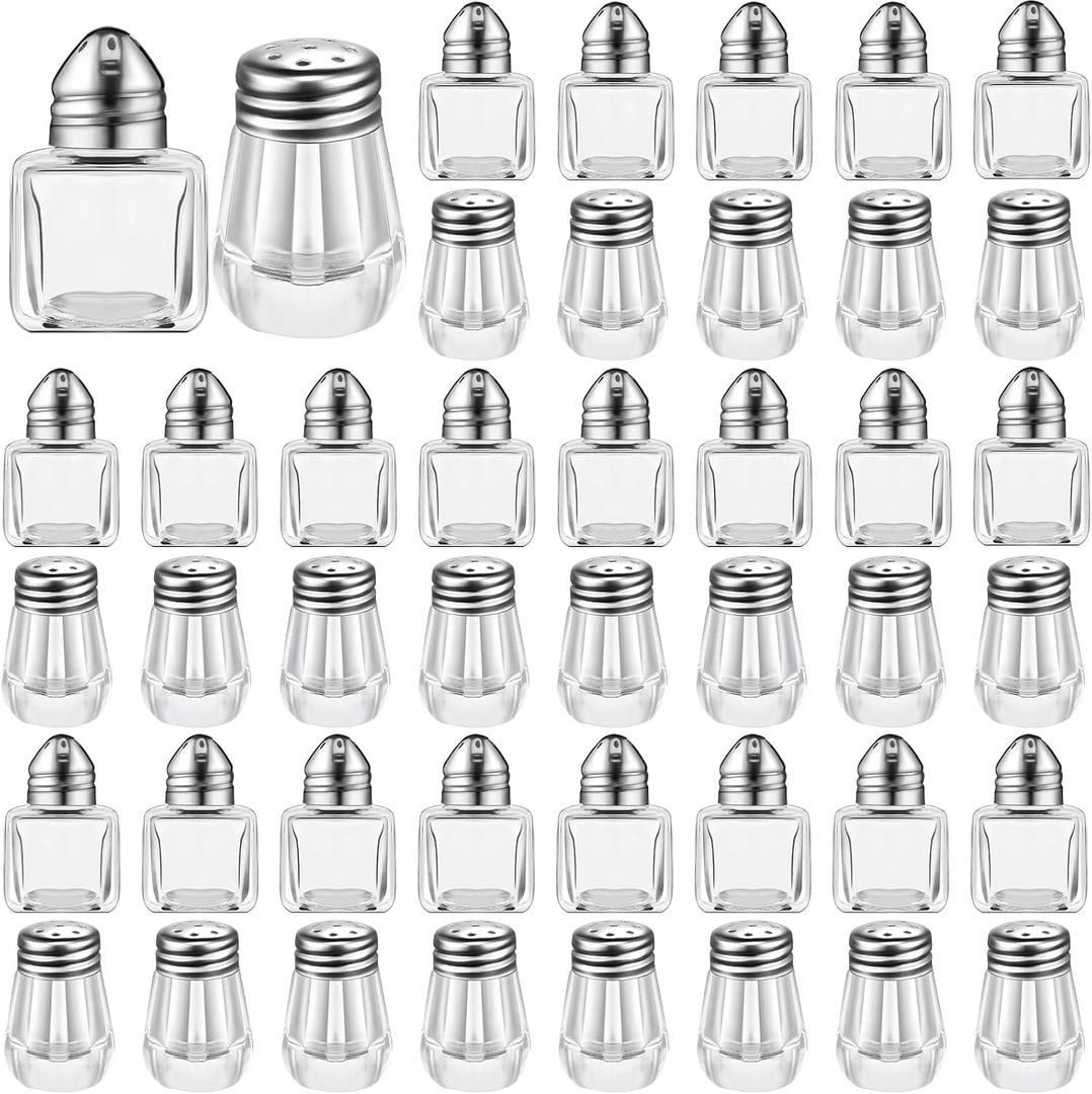Zopeal 50 Set Mini Salt and Pepper Shakers Small Bulk Clear Individual Seasonings Tiny Spice Shakers for Kitchen Wedding Picnic, 2 Styles(Silver Lids)