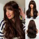 HAIRCUBE Long Brown Wig with Bangs Wave Curly Wigs for Women 26 inch Heat Resistant Natural Synthetic Wig for Daily Use