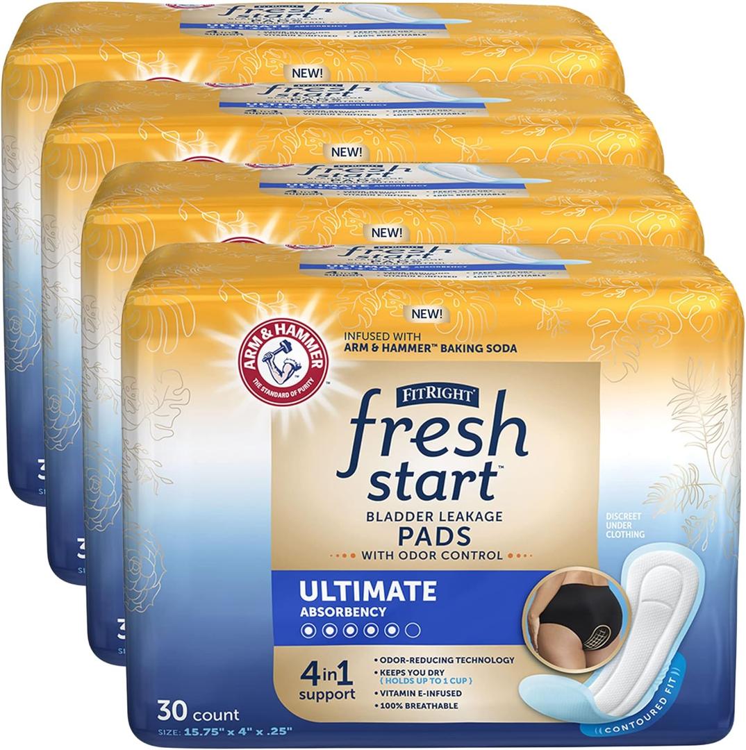 FitRight Fresh Start Postpartum and Incontinence Pads for Women, Ultimate Absorbency (120 Count) Bladder Leakage Pads with The Odor-Control Power of ARM & HAMMER (30 Count, Pack of 4)