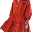 HangNiFang Women's Summer Babydoll Mini Dress Flowy Puff Sleeve Tiered Button Down Oversized Tunic Dress with Pockets Small