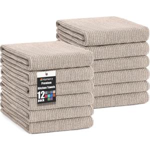 Homaxy Premium Kitchen Towels(18x 28, 12 Pack), Large Cotton Kitchen Hand Towels, Flat and Terry Dish Towels, 380 GSM Highly Absorbent Tea Towel Set with Hanging Loop, Khaki