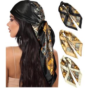 AWAYTR 35 Large Square Satin Head Scarf - 3Pcs Satin Hair Scarves Silk Bandana Scarf Headscarf Silk Feeling Scarf for Women