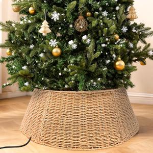 Handmade Christmas Tree Collar, 28in Elegant Woven Rattan Tree Base Cover, Christmas Tree Collars for Artifcial Trees, Tree Ring for Rustic Xmas Holiday Home Decoration