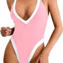 ChiaoLezhee Color Block Swimsuit, Plunge V Neck High Cut, Pool Party Vacation, Sexy Backless One Piece Bathing Suit Cheeky,  Small
