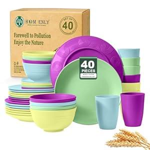 Homienly 40 PCS Dinnerware Set Service for 8, Kitchen Wheat Straw Dinnerware Set Unbreakable - Plates Set, Bowls Set,Cups Set, Microwave and Dishwasher Safe Dish Set for Dinner, Outdoor(Beige)