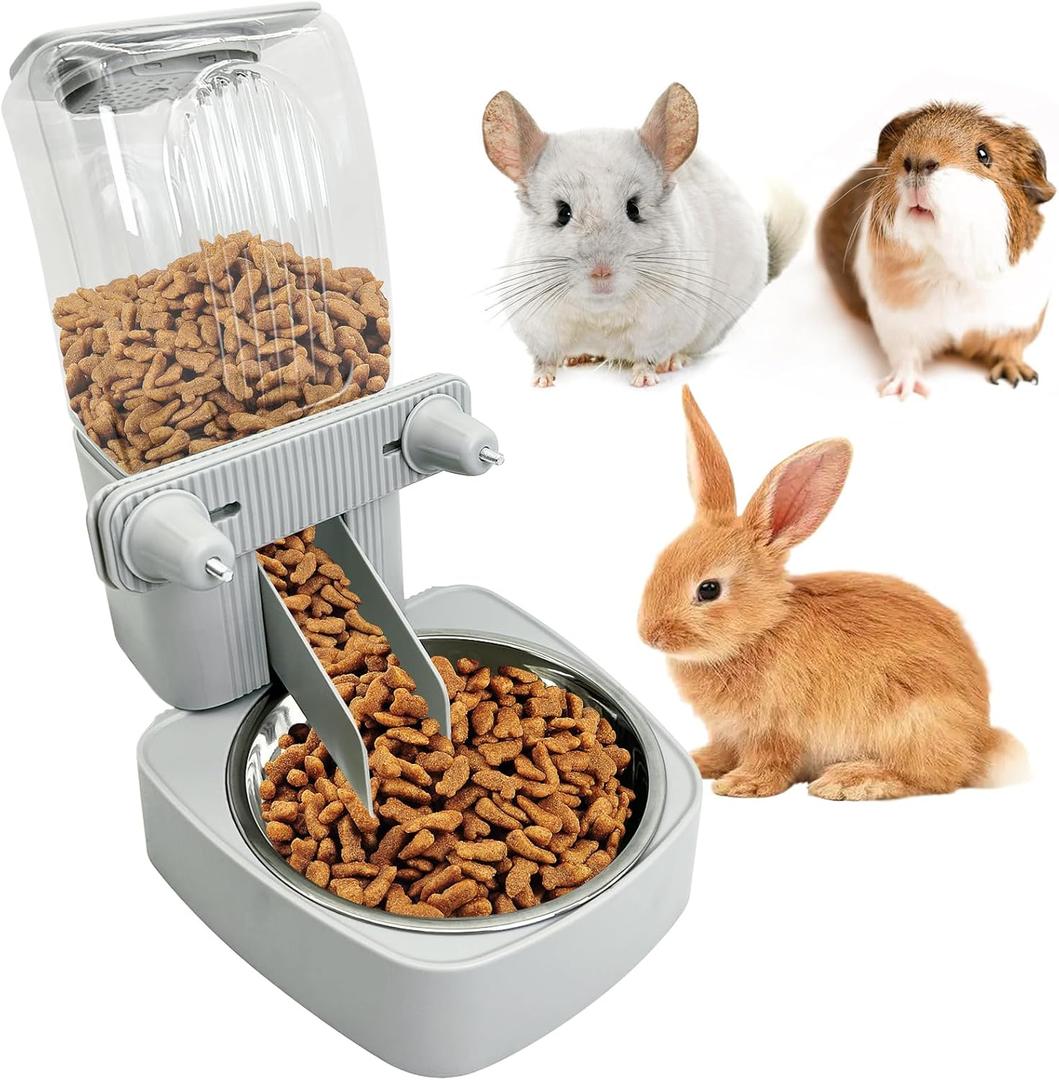 54 oz Rabbit Food Dispenser with Stainless Steel Food Bowl Hanging Gravity Bunny Feeder for Cage Automatic Small Animal Feeding Bowls for Ferret Guinea Pig Chinchilla Cat Puppy (Grey)