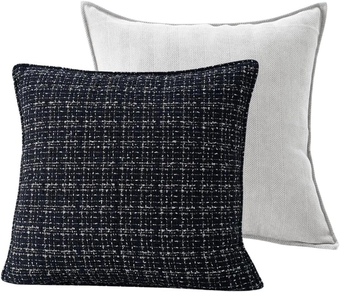 Luxury Tweed & Chenille Throw Pillow Covers  Set of 2 (18" x 18") with Soft and Luxurious Textures Decorative Throw Pillows for Couch, Bed, and Home Decor (Black)