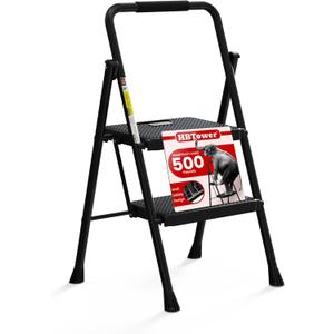 HBTower Step Ladder, Folding Step Stool with Wide Anti-Slip Pedal, Sturdy Steel Ladder, Convenient Handrail, Lightweight, Portable Steel Step Stool (Black)